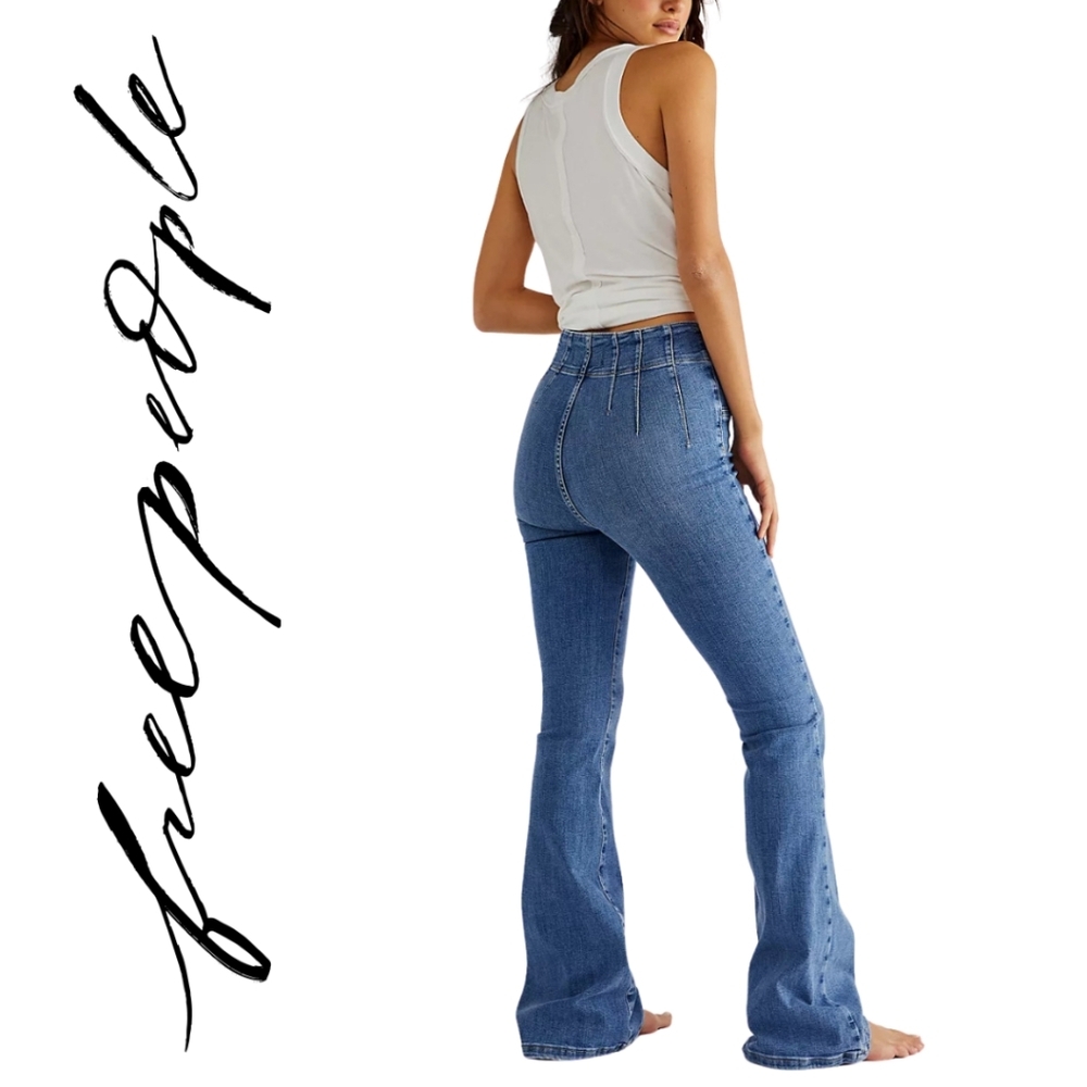 NEW! FREE PEOPLE- Free People Jayde Flare Jeans Sunburst Blue 28 33.5 - Picture 1 of 4